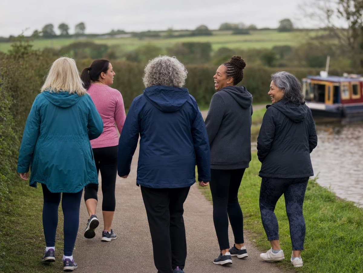 A group of women of different ages walking and chatting along a canal towpath in the Cheshire countryside