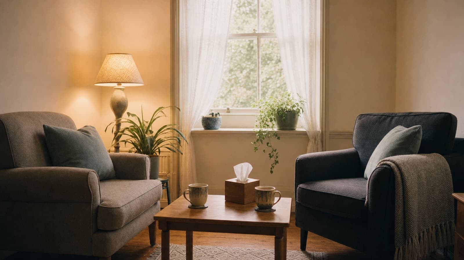 A quiet counselling room with two armchairs facing each other, a low table with tea and tissues, and soft light through net curtains
