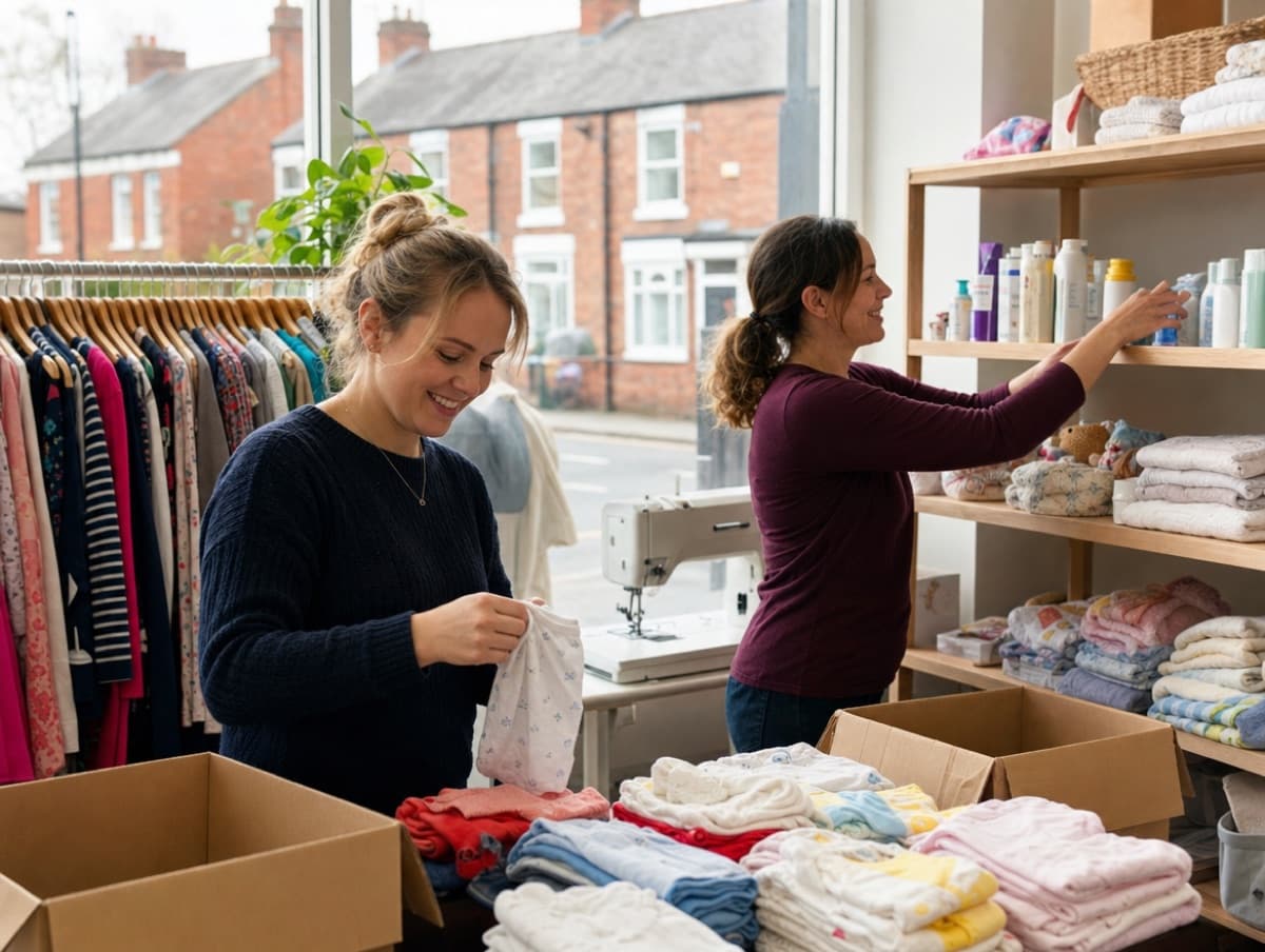 Two volunteers folding donated baby clothes onto wooden shelves in a small community share hub