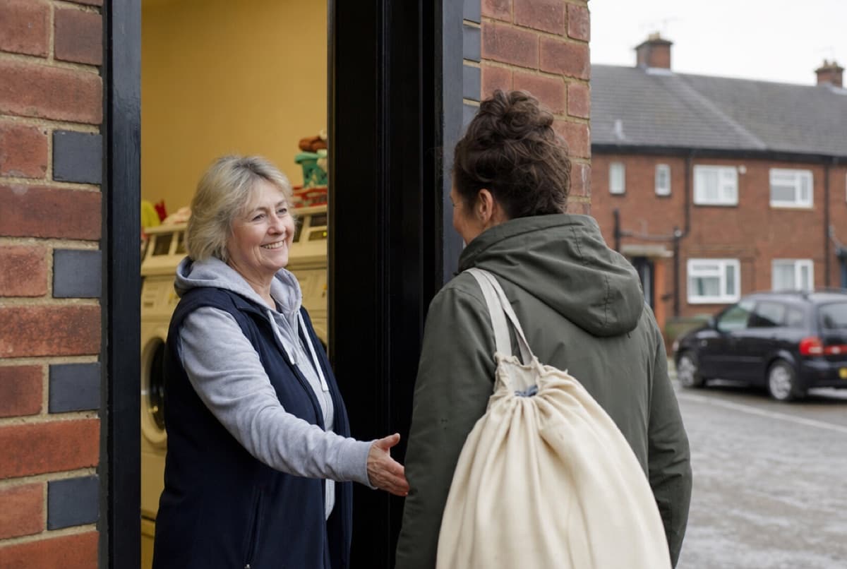 A volunteer warmly greeting a woman arriving with a laundry bag at the door of a small community launderette