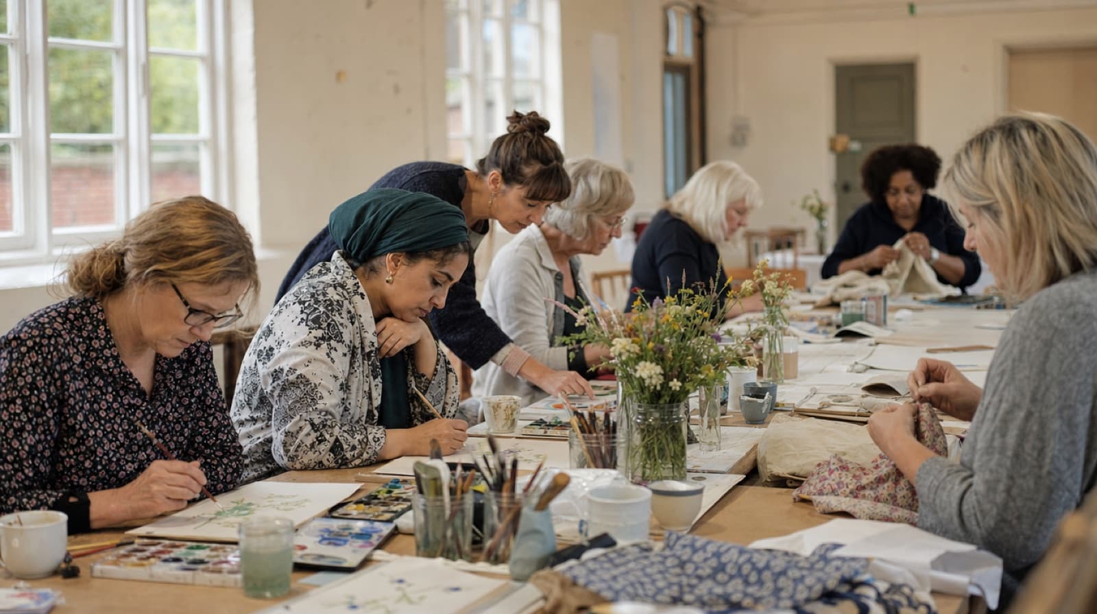 Adult women at a long table painting with watercolours and sewing during a creative wellbeing workshop in a bright community hall