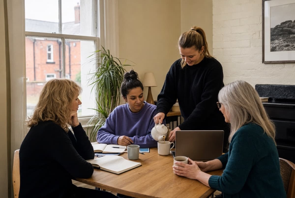 Four women from a small charity team talking around a kitchen table with notebooks and mugs of tea
